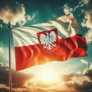 Polish flag waving against a sunny sky, symbolizing the benefits of joining the Polish Lotto Syndicate in Ireland.