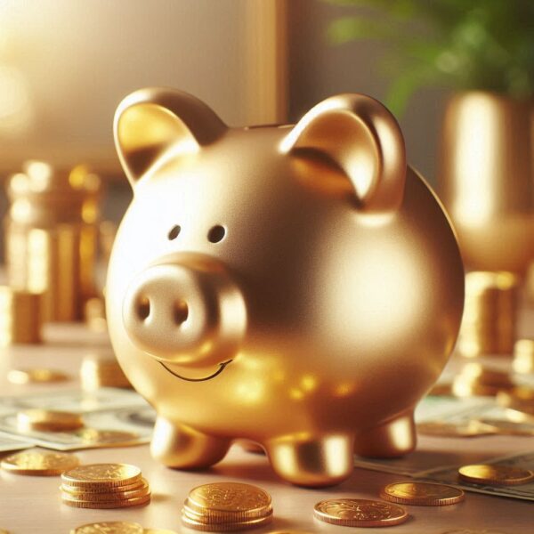 Golden piggy bank on a desk, symbolizing savings and lottery syndicates.