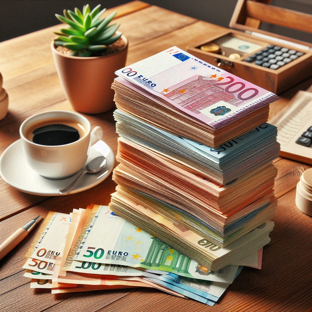 Euro banknotes spread out on a table, symbolizing the potential winnings in lotto syndicates.