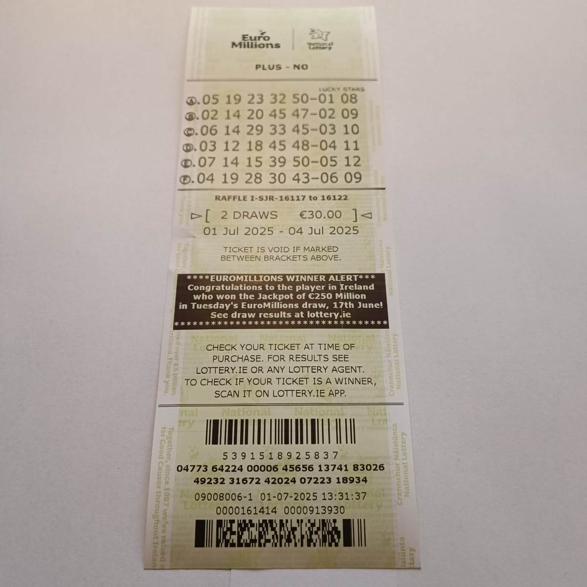 Lotto Euromillions Syndicate by Lucky Syndicates for the 01 July 2025 draw – Coupon 20