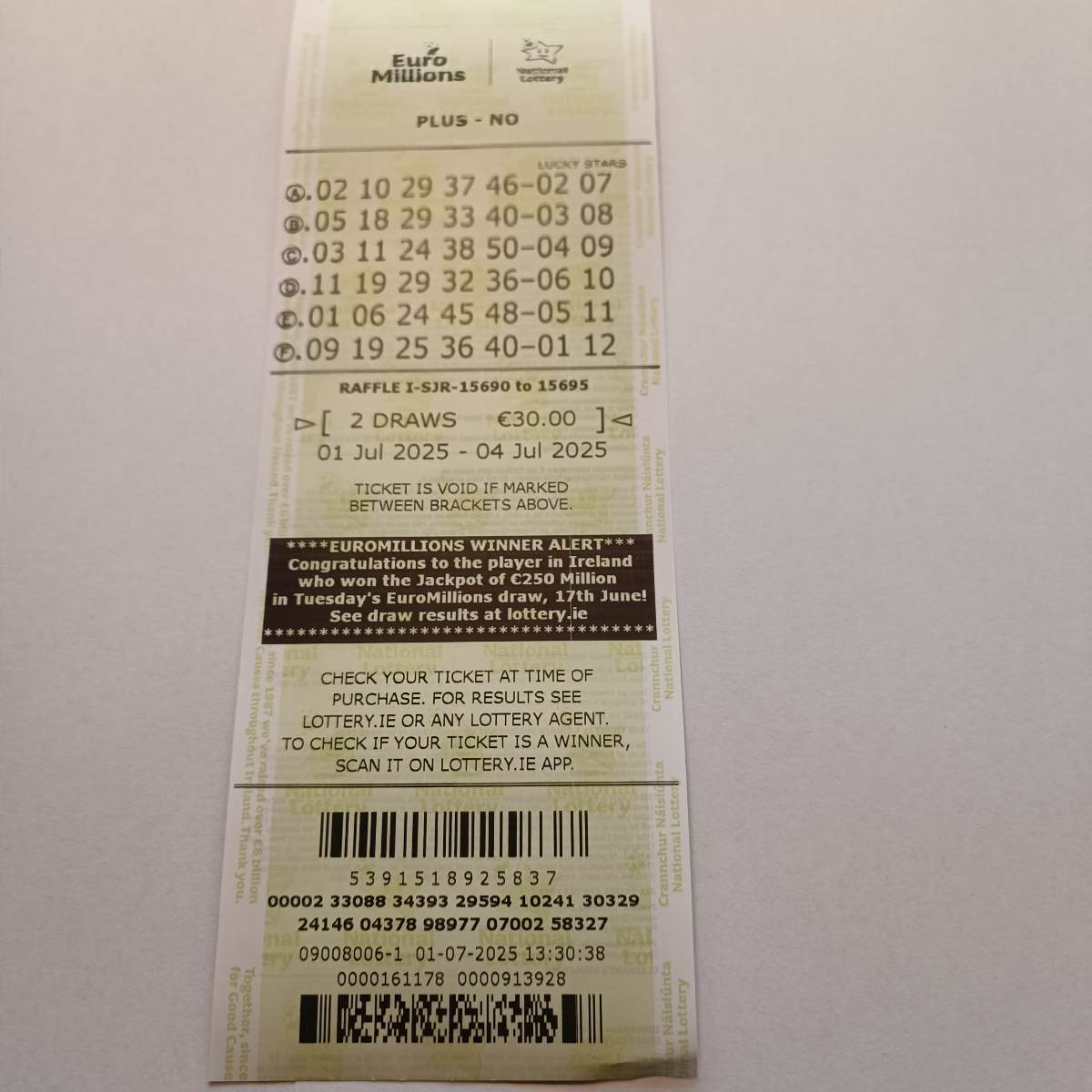 Lotto Euromillions Syndicate by Lucky Syndicates for the 01 July 2025 draw – Coupon 31