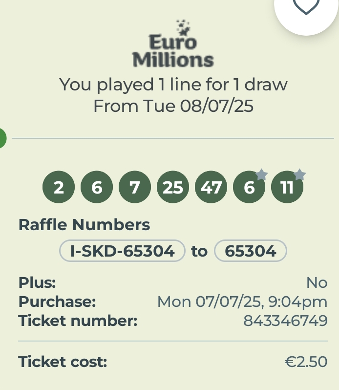 Lotto Euromillions Syndicate by Lucky Syndicates for the 08 July 2025 draw – Coupon 4