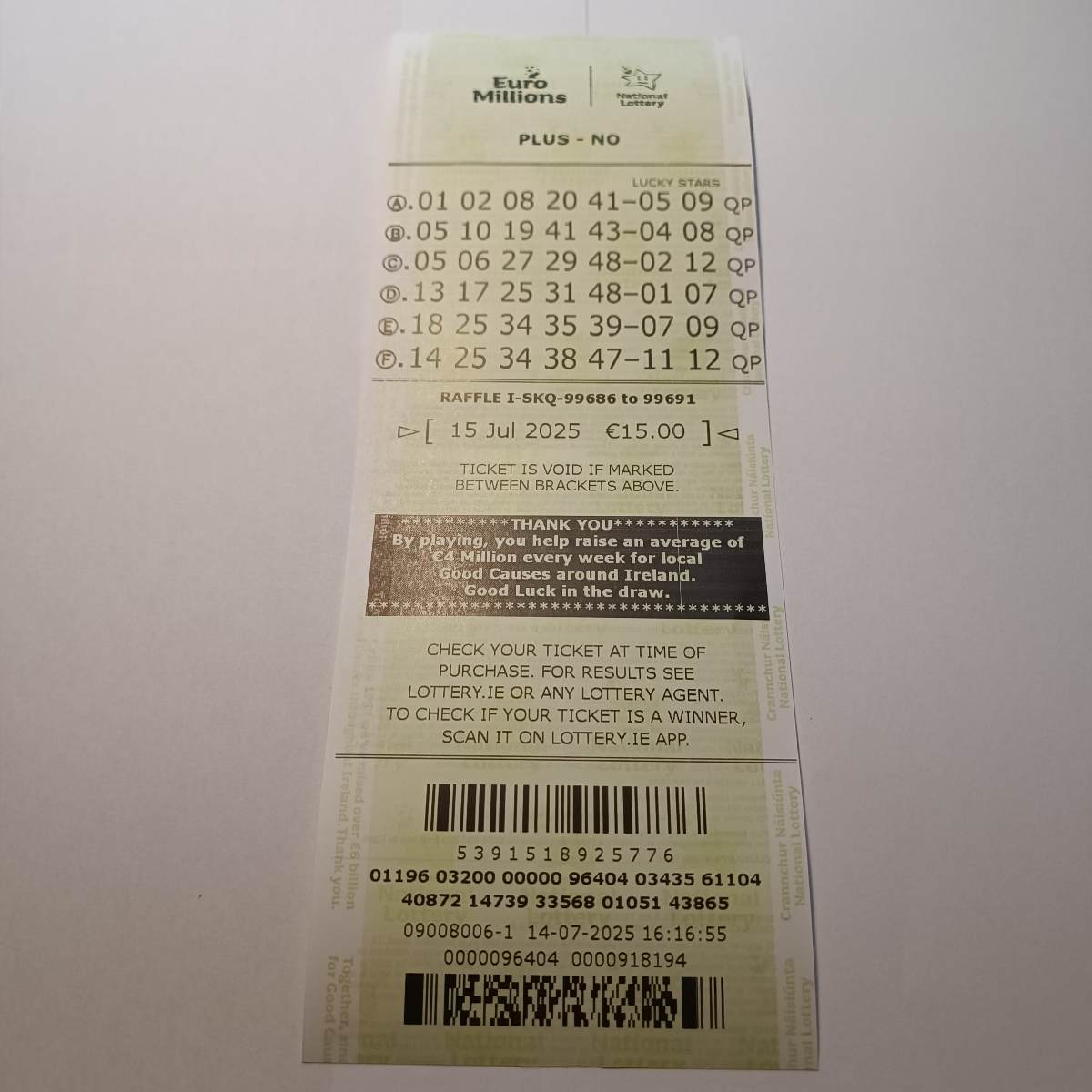 Lotto Euromillions Syndicate by Lucky Syndicates for the 15 July 2025 draw – Coupon 31