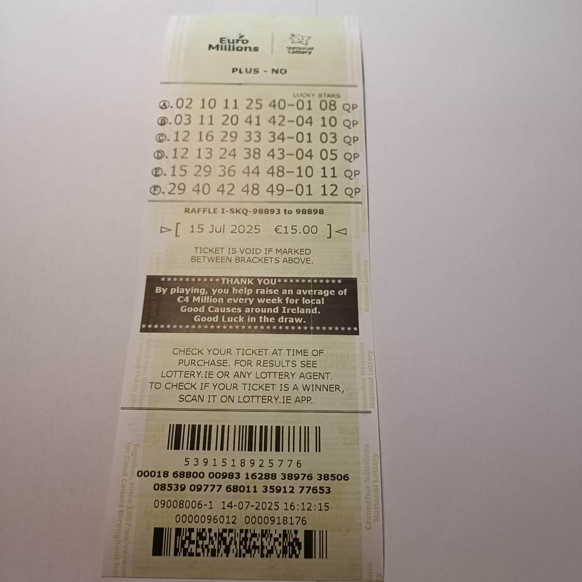 Lotto Euromillions Syndicate by Lucky Syndicates for the 15 July 2025 draw – Coupon 7