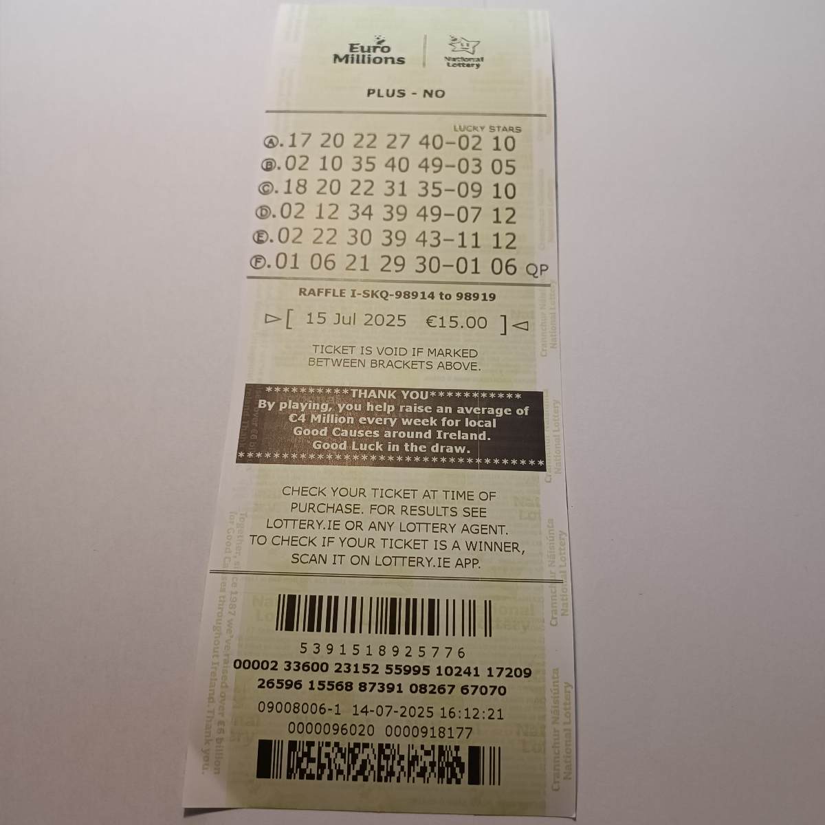 Lotto Euromillions Syndicate by Lucky Syndicates for the 15 July 2025 draw – Coupon 8