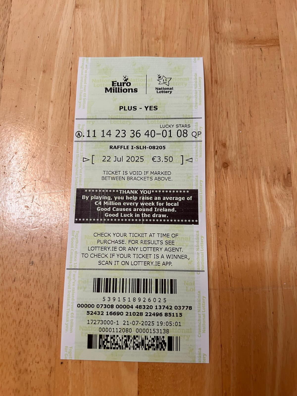 Lotto Euromillions Syndicate by Lucky Syndicates for the 22 July 2025 draw – Coupon 1