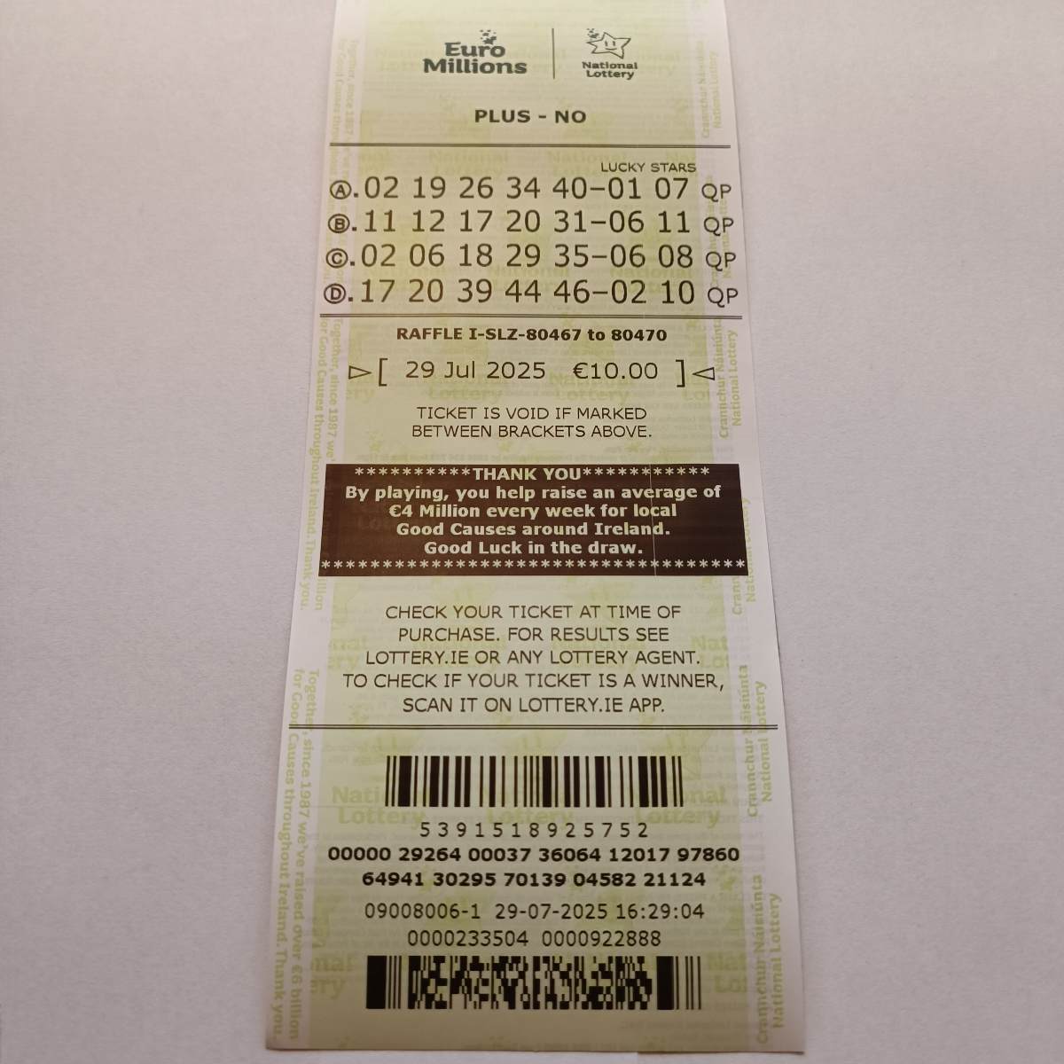 LMS Euromillions Syndicate by Lucky Syndicates for the 29 July 2025 draw – Coupon 4