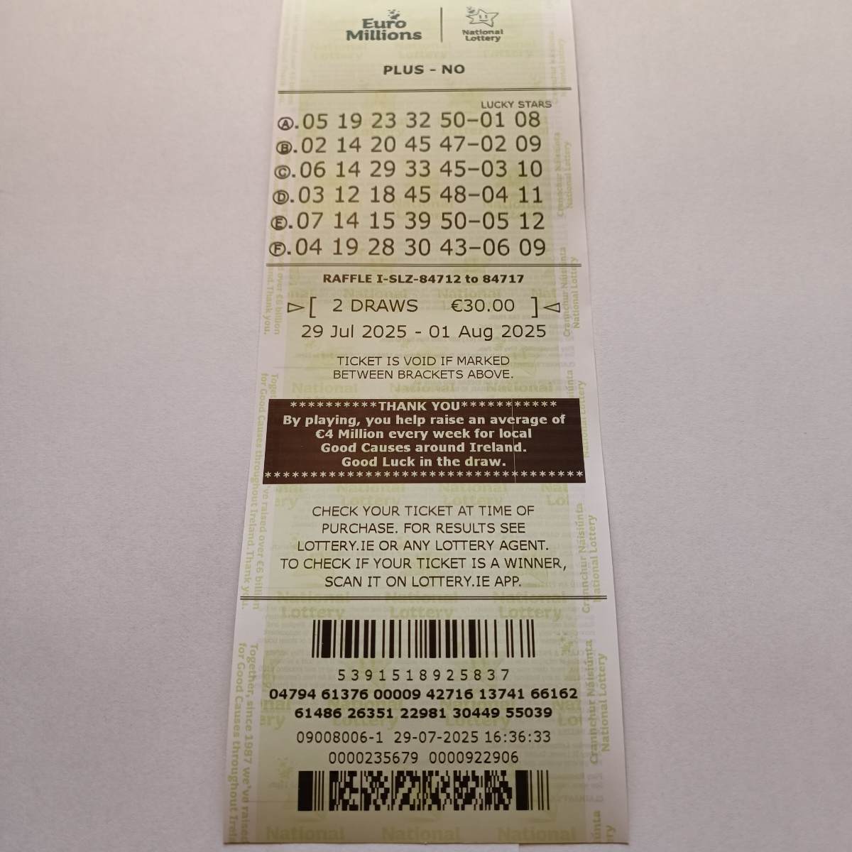 LMS Euromillions Syndicate by Lucky Syndicates for the 29 July 2025 draw – Coupon 6