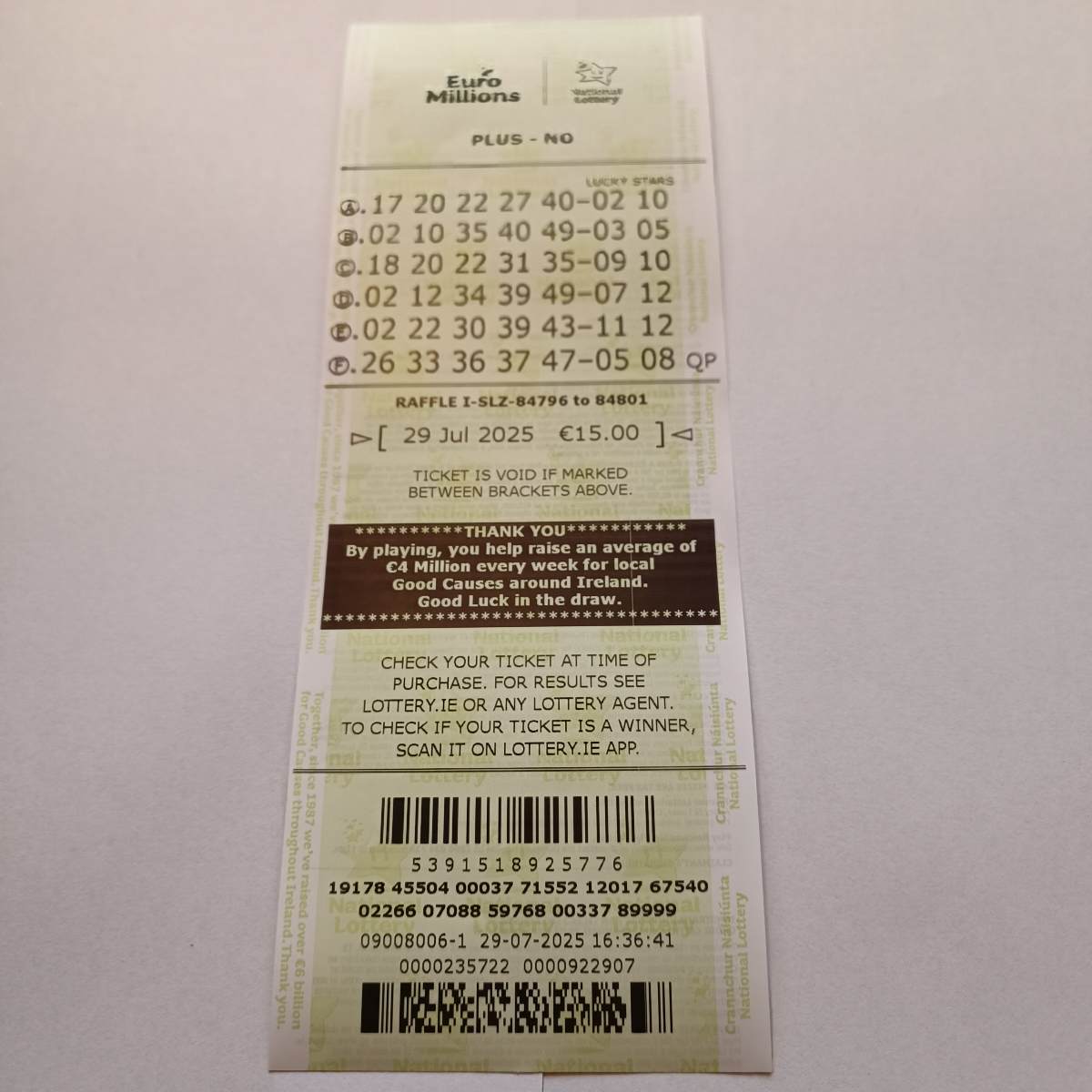 LMS Euromillions Syndicate by Lucky Syndicates for the 29 July 2025 draw – Coupon 7