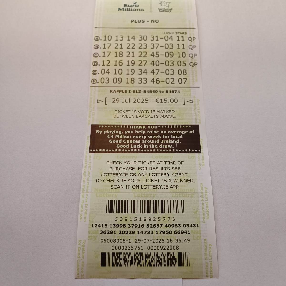 LMS Euromillions Syndicate by Lucky Syndicates for the 29 July 2025 draw – Coupon 8