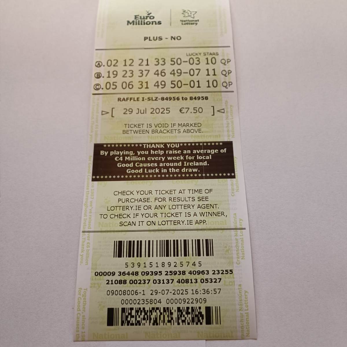 LMS Euromillions Syndicate by Lucky Syndicates for the 29 July 2025 draw – Coupon 9