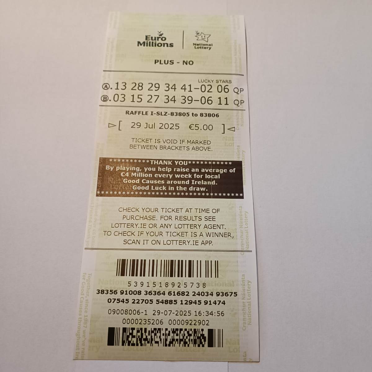 LW Euromillion Syndicate for the 29 July 2025 draw – Coupon 2