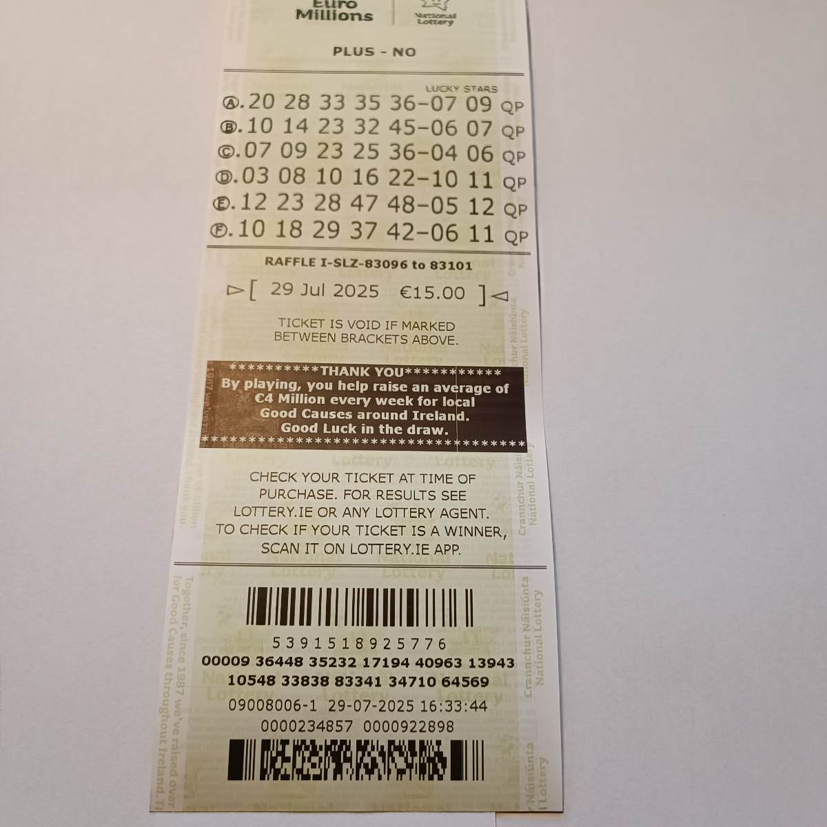 PDPS Euromillions Syndicate by Lucky Syndicates for the 29 July 2025 draw – Coupon 6