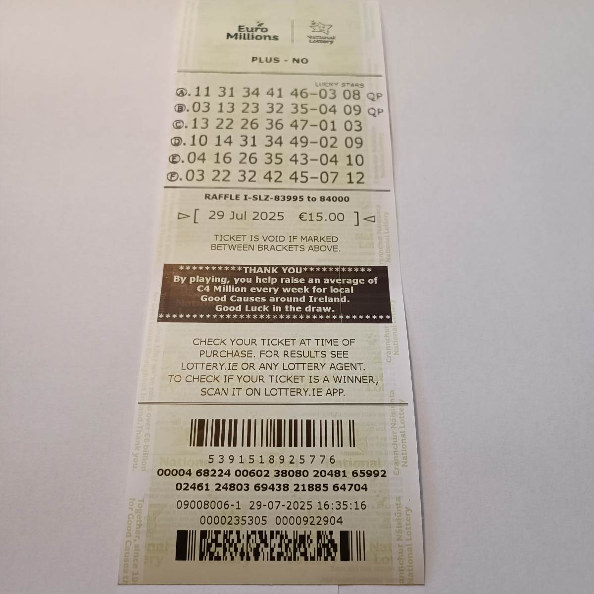 LW Euromillion Syndicate for the 29 July 2025 draw – Coupon 4