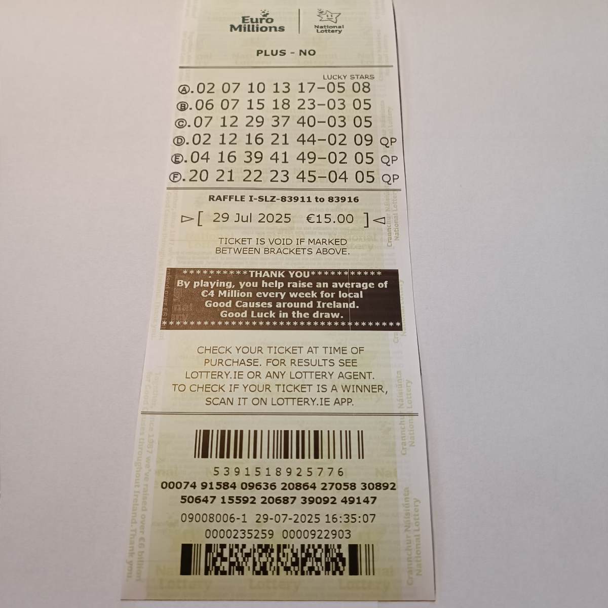 LW Euromillion Syndicate for the 29 July 2025 draw – Coupon 3